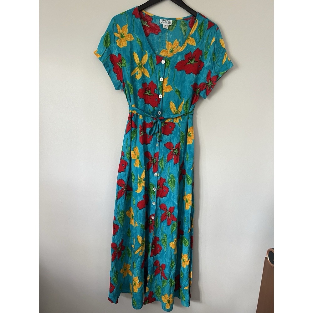 VTG Dock of the Bay Blue Tropical Printed Floral Bright Button Down Dress Sz L